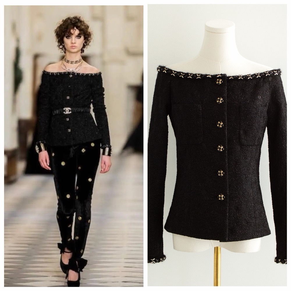 Chanel F/W 2021 Metiers D'Art Chateau Des Dames Black Off-Shoulder 21A Jacket